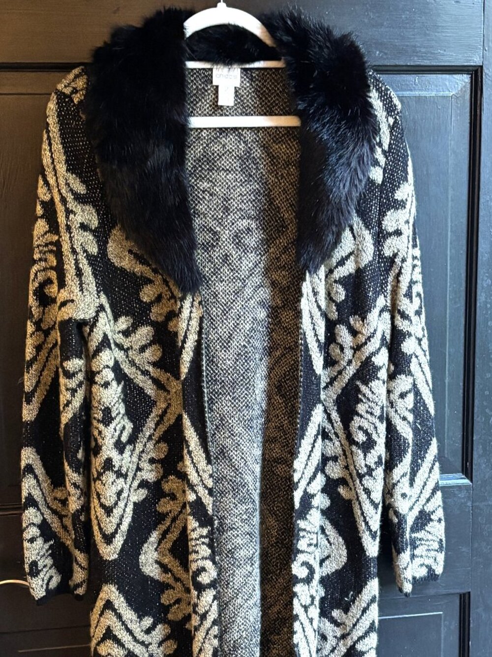 Chico's Metallic Geometric Knit Long Cardigan Coat Faux Fur Collar Size 2 / L